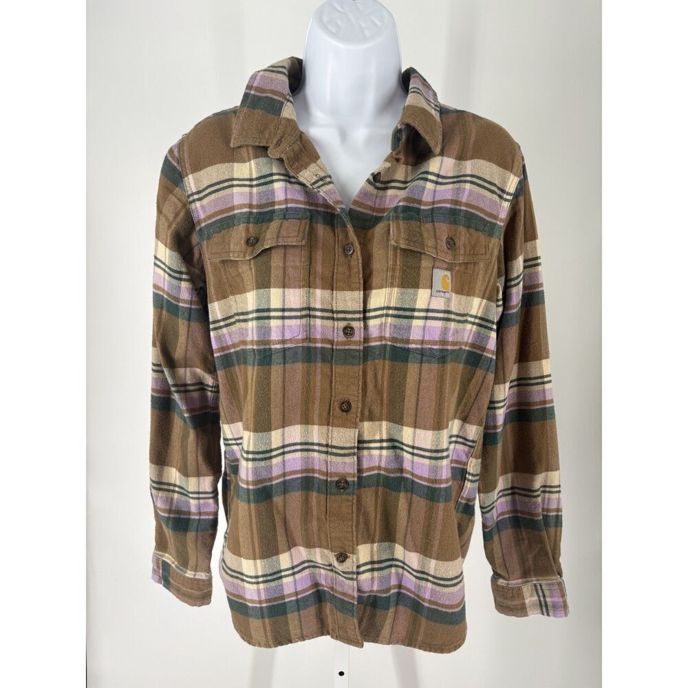 Carhartt Plaid Flannel Shirt | Brown Green Button Down Workwear Top